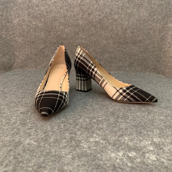 Marc Fisher Women’s Black and Off White Plaid Chunky Heel Pointed Toe Shoes - Picture 2 of 13